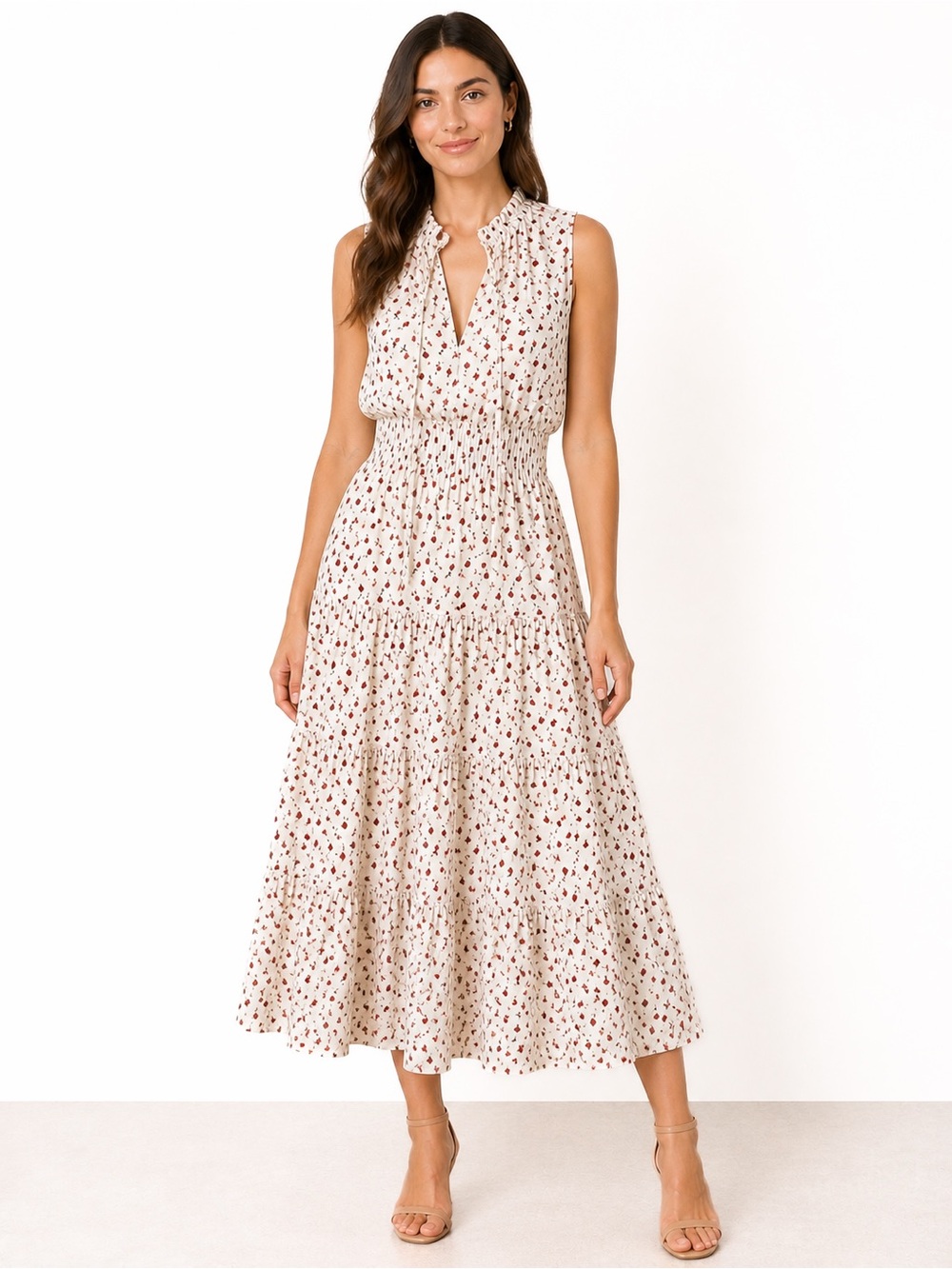 1 STATE Floral Maxi Dress Smocked Waist Tie Neck Sleeveless Ivory Small NWT
